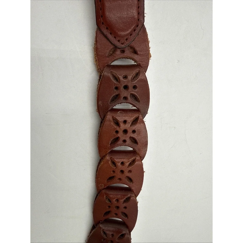 Vtg Y2K Western Ladies Brown Leather Woven Link Belt‎ Silver Buckle Sz M